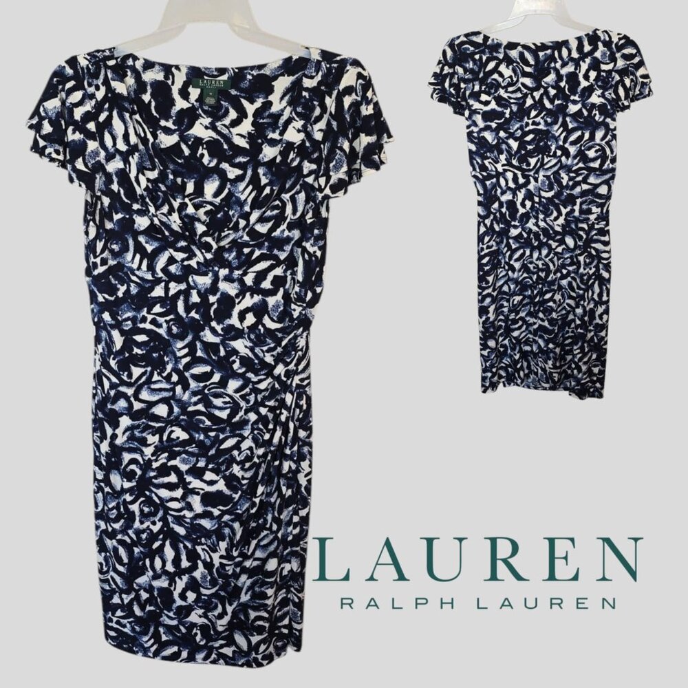 Lauren Ralph Lauren Navy and White Abstract Print Midi Dress